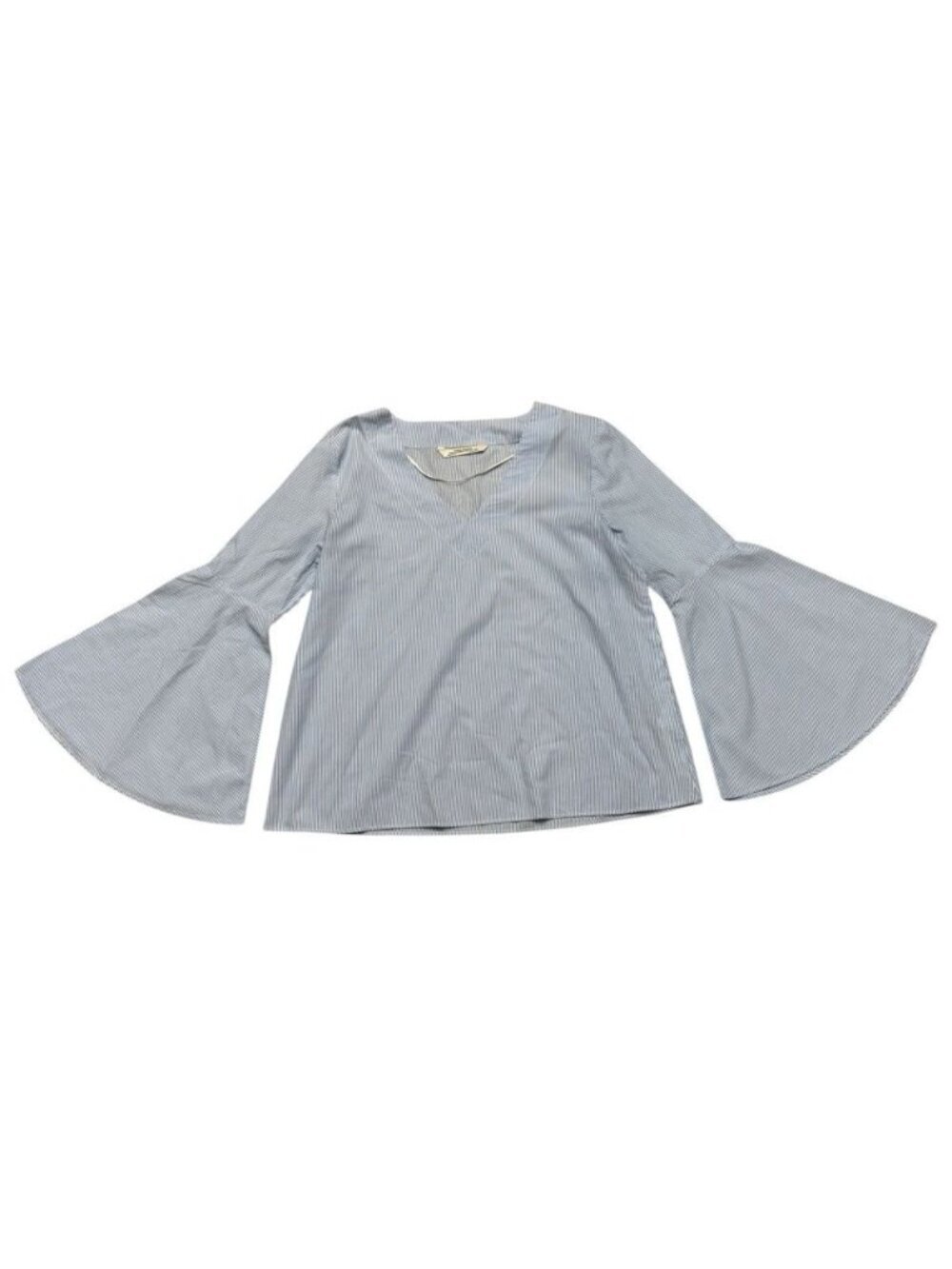 Zara Woman Blue Stripe Bell Sleeve V Neck Blouse Top Medium